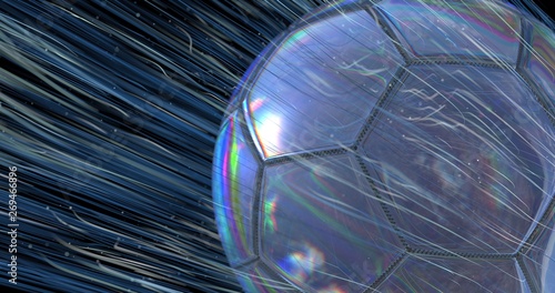Reflective render of a soccer ball field with a flying comet leaves spatial lines and particles. 3d illustration