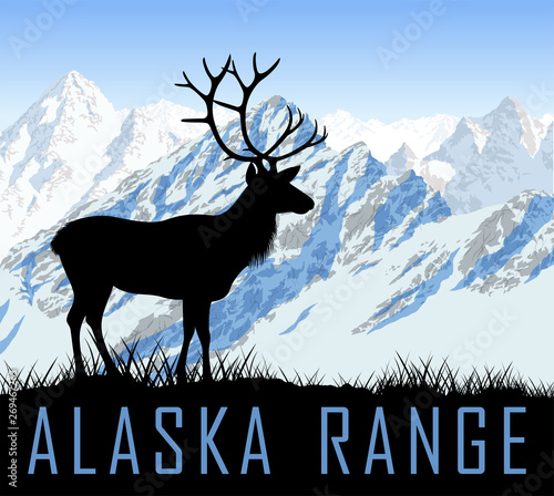 vector alaska range mountains lake with raindeer