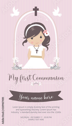 My first communion invitation. Beautiful girl with communion dress and cute frame