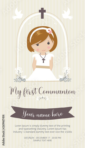 My first communion invitation. Beautiful girl with communion dress and cute frame