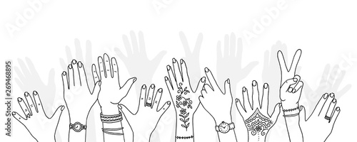 Hands raised up - hand drawn, diverse hands raised in the air