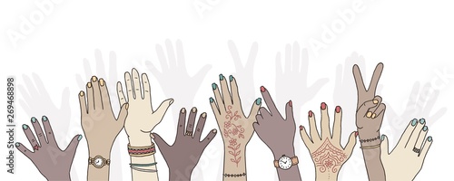 Hands raised up - hand drawn, diverse hands raised in the air