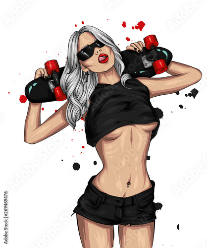 Pretty girls in tops and shorts with skateboard. Vector illustration for a postcard or a poster. Bright, colorful drawing.