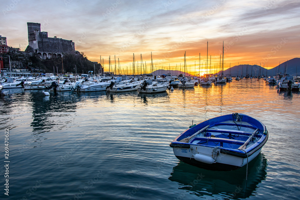 Fototapeta premium Sunset on the village of Lerici and its coast