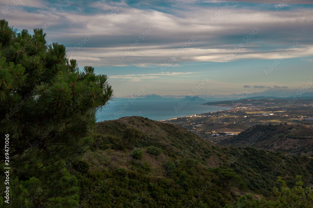 Landscape. View of the mountains and the sea from the observation deck of the city of Estepona.