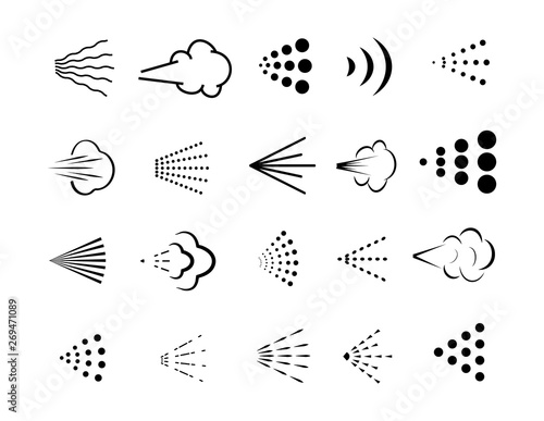 Spray big set icons. Spray of water, perfume, paint or deodorant spray.