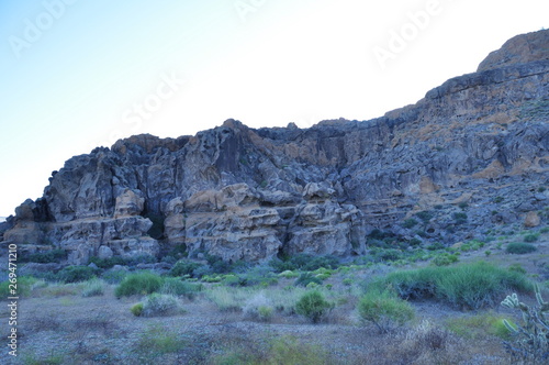 Rugged rock face in desert shadow