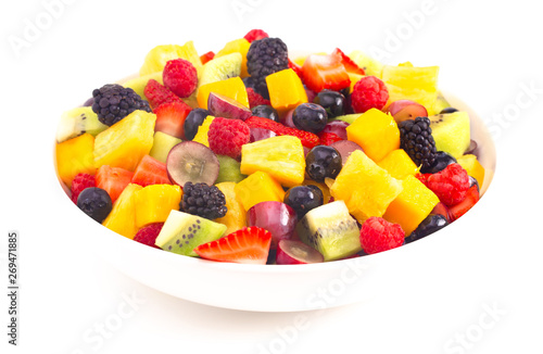 Bowl of Rainbow Colored Fruit Salad Isolated on a White Background