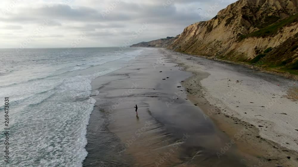 Aerial view of pacific coastline with yellow sandstone cliffs and waves rushing the beach during sunset. Black Beach, Torrey Pines State Natural Reserve, San Diego, California, USA Aerial view of pacific coastline with yellow sandstone cliffs and waves rushing the beach during sunset. Black Beach, Torrey Pines State Natural Reserve, San Diego, California, USA