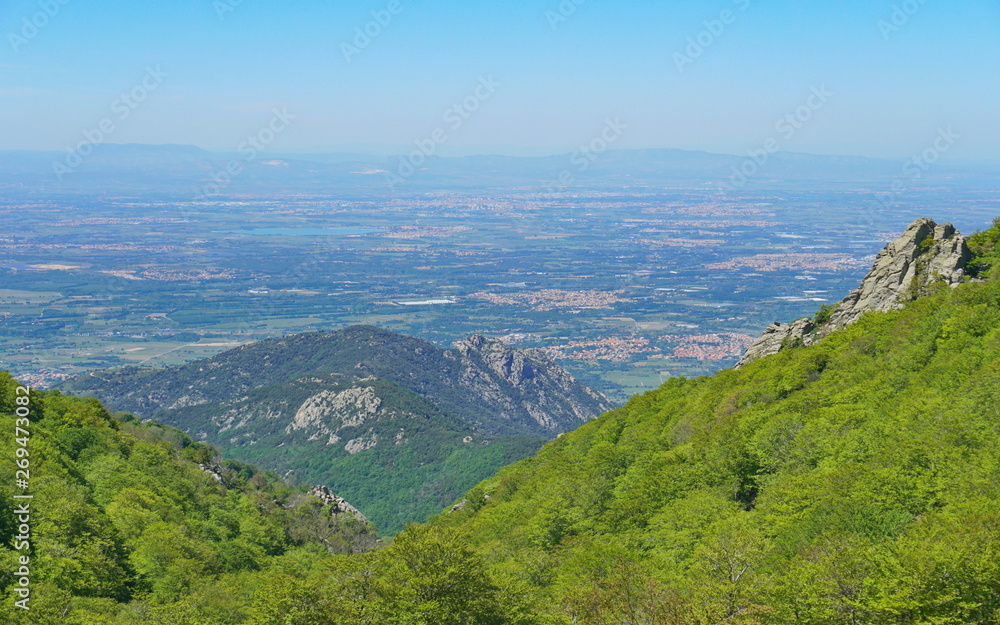 France landscape of the Roussillon plain seen from the mountains of the Massif des Alberes, Pyrenees Orientales