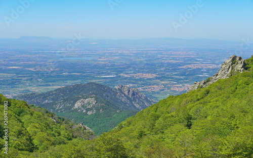 France landscape of the Roussillon plain seen from the mountains of the Massif des Alberes, Pyrenees Orientales