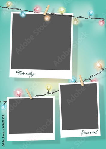 Template for photo collage.Garland from photos. Frames for clipping masks are in the vector file. Template for a photo album