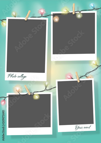 Template for photo collage.Garland from photos. Frames for clipping masks are in the vector file. Template for a photo album