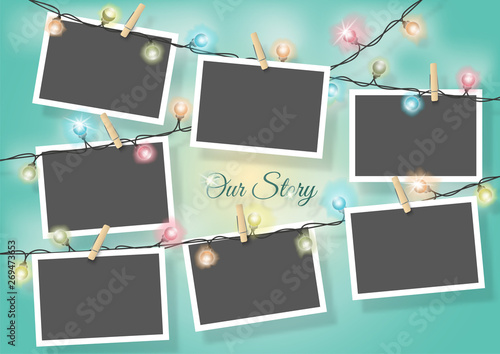 Template for photo collage.Garland from photos. Frames for clipping masks are in the vector file. Template for a photo album