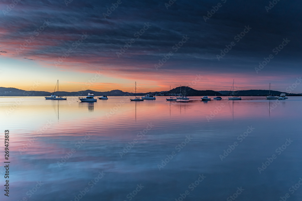 High Clouds, Boats, Reflections and Sunrise on the Bay