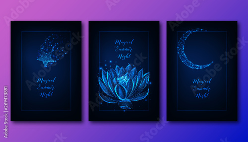 Magical summer night concept with glowing low poly star, lotus flower, moon and text on dark blue.