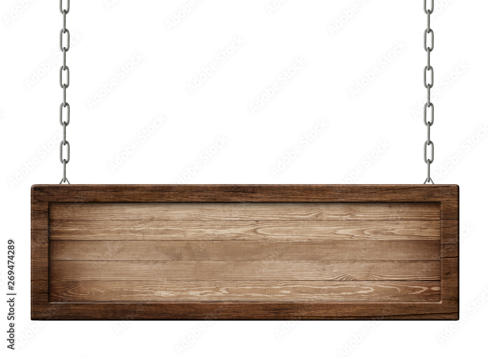 Oblong board with dark frame and made of dark natural wood hanging on chains Oblong board with dark frame and made of dark natural wood hanging on chains