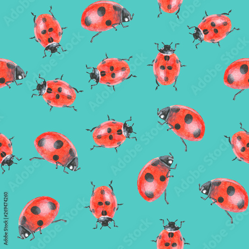 Acrylic drawn ladybugs on blue background  seamless pattern