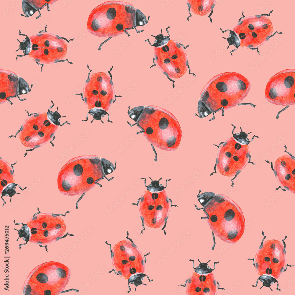 Acrylic drawn ladybugs on pink background, seamless pattern Acrylic drawn ladybugs on pink background, seamless pattern