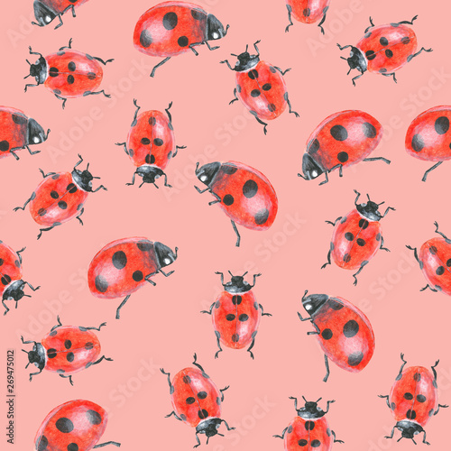 Acrylic drawn ladybugs on pink background, seamless pattern