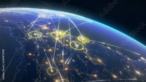 Global communication through a network of connections in Europe and around the world. Concept of internet, social media, traveling. High resolution textures of city lights, earth and stars. 4k.
