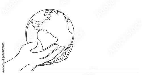 continuous line drawing of human hand holding world planet earth