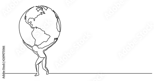 continuous line drawing of man holding the world on his shoulders