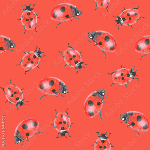 Acrylic drawn ladybugs on background, seamless pattern