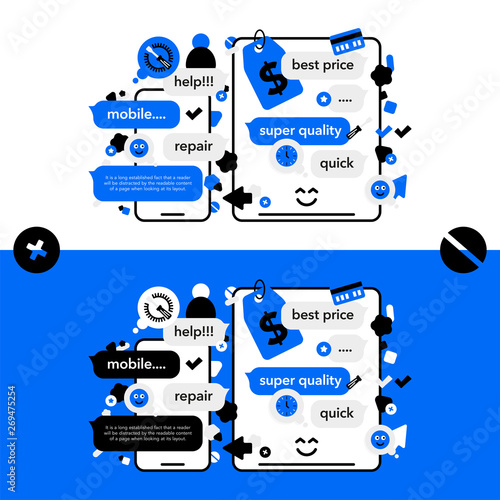 Concept Repair of mobile phones and Service electronic technic with abstract elements, icons and bubble chat. Illustration banner in modern style