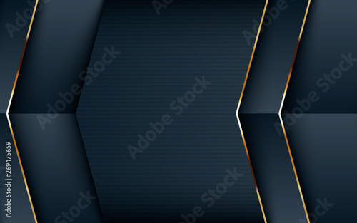 Realistic textured black background. Arrow overlap layers  with golden line concept.
