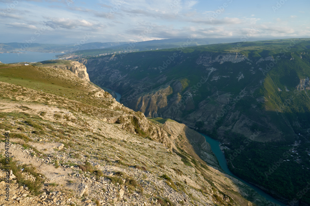 Fototapeta premium Stunning panoramic view to the landscape of Sulak Canyon and Sulak river, Caucasus Mountains, The Republic of Dagestan, Russia. 