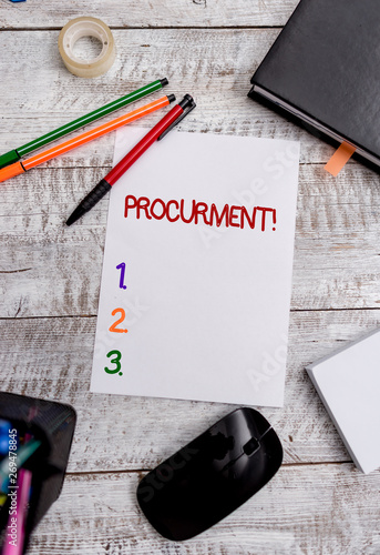 Conceptual hand writing showing Procurment. Concept meaning action of acquiring military equipment and supplies Stationary and computer stuff pen with paper sheets on desk photo