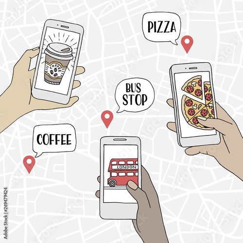 A group of people using their smartphones to find restaurants and public transport, hand drawn illustration with a map pattern in the background