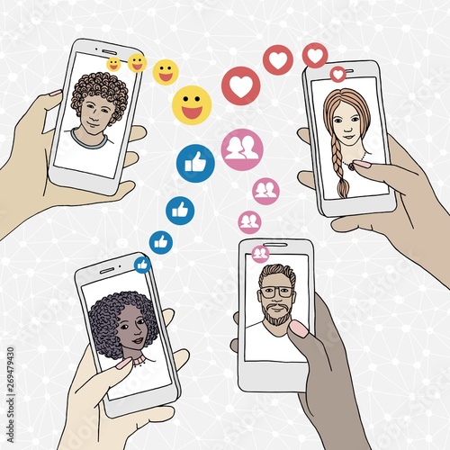 Diverse people holding their smartphone, friends who like their posts, displaying social media icons