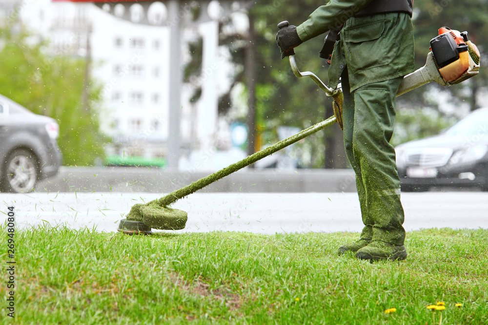 Worker mowing lawn with grass trimmer roadside on sunny day. Professional service gardener using trimmer. Worker cutting grass in green with lawn mower Stock | Adobe Stock