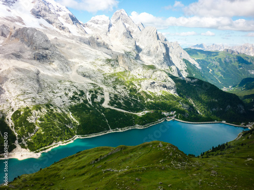 This is fantastic view on lago di Fedaia and Marmolada moutaine in Italy