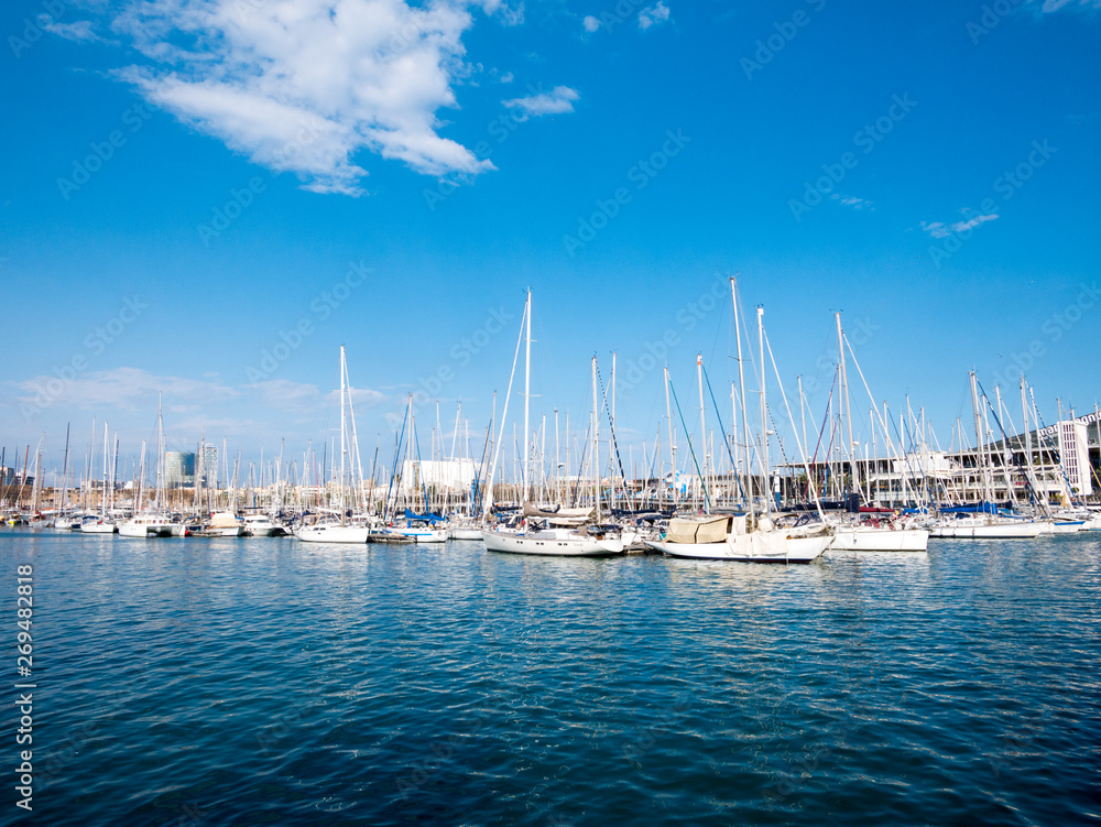 Sailboat and sailing ship Port Vell in Barcelona, Spain
