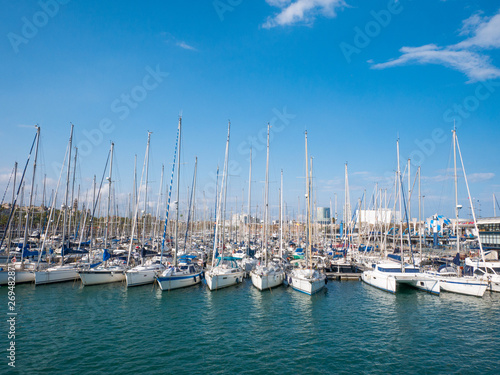 Sailboat and sailing ship Port Vell in Barcelona, Spain