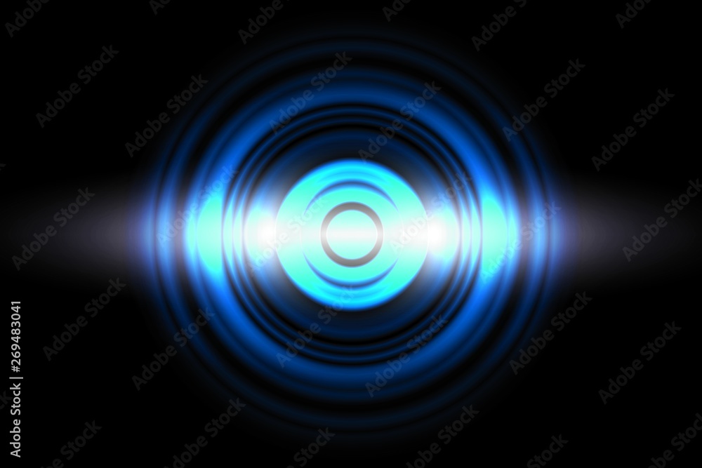Sound waves oscillating blue light with circle spin, abstract background