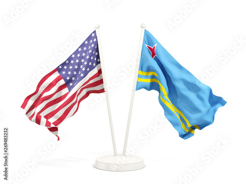 Two waving flags of United States and aruba isolated on white