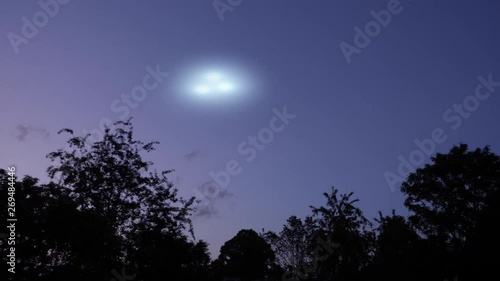 A handheld home movie video of a UFO sighting in the evening sky above the treetops. Three unidentified lights zoom across the night sky. Simulated.  	