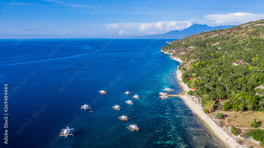 Aerial view bay and shore in Oslob, Cebu, Philippine, best place to snorkel and scuba drive and Whale Shark Watching, There is a deep clean blue ocean and has many local Filipino boats in the sea.