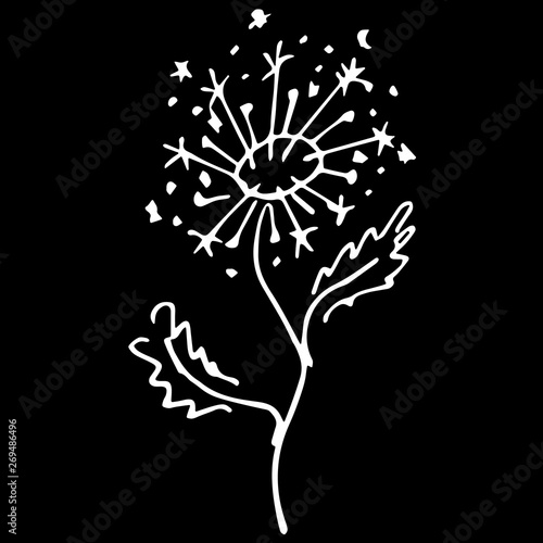 Abstract dandelion flower outline icon isolated on black background. Creative luxury fashion logotype concept icon. Hand Drawn vector illustration. Dandelion logo.
