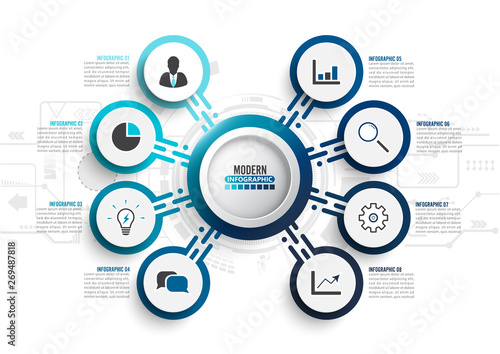 Vector infographic template with 3D paper label, integrated circles. Business concept with 8 options. For content, diagram, flowchart, steps, parts, timeline infographics, workflow, chart.