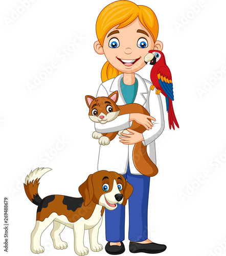 Cartoon female veterinarian examining pets