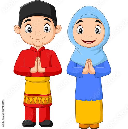 Happy Muslim kids cartoon on white background