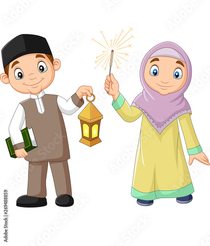 Happy Muslim kids with Quran Book and Ramadan Lantern