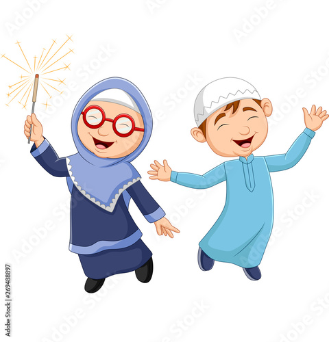 Happy Muslim kid cartoon on white background