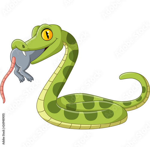 Cartoon green snake eating a mouse