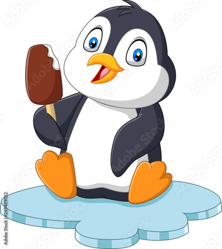 Cartoon penguin holds chocolate ice cream treat